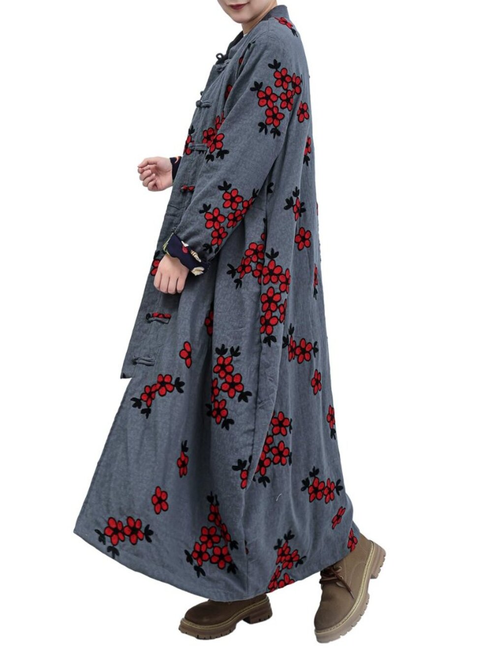 Women Trench Coat Floral Embroidered Jacket Long Cotton Linen Jacke Cottagecore